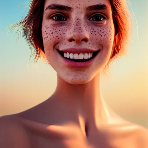 Image similar to beautiful serene intricate portrait of a cute thin young woman, red blush, cute freckles, smug smile, modern clothes, relaxing on the beach, golden hour, close up shot, soft focus, 8 k, art by irakli nadar, hyperrealism, hyperdetailed, ultra realistic