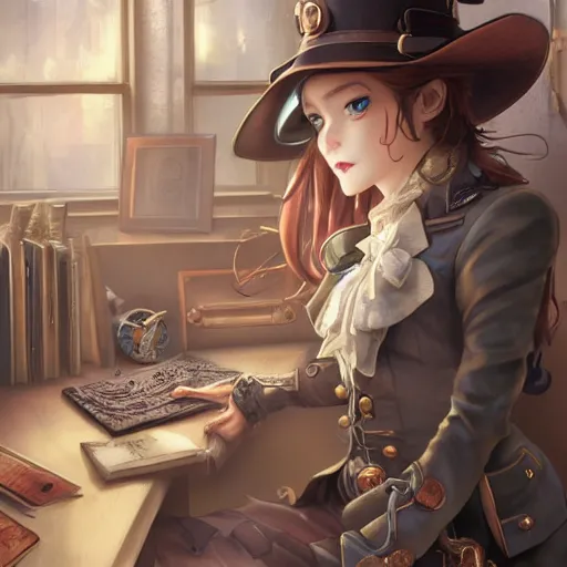 Image similar to a beautiful steampunk detective girl sitting in her office | | cute - fine - face, pretty face, fine details by stanley artgerm lau, wlop, rossdraws, james jean, andrei riabovitchev, marc simonetti, and sakimichan, trending on artstation