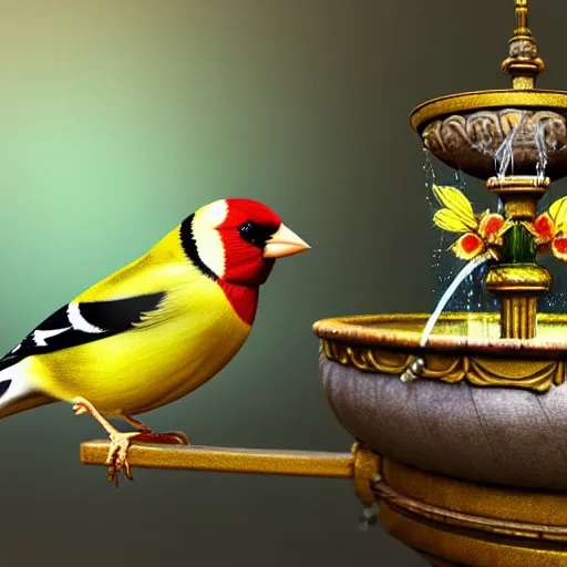 Prompt: goldfinch with a message inside is decorated with jewels and hangs from the neck of a valkyrie with armor, in the background you can see the fountain of a park. digital art, fantasy art, photo realistic, dynamic lighting, artstation, poster, volumetric lighting, hyperrealistic, 4 k, award winning