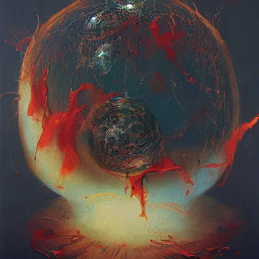 Image similar to a sphere being devoured by abstract splatters of paint in the style of francis bacon, venus being engulfed in flames in the style of james jean, surreal, beksinski, high detailed