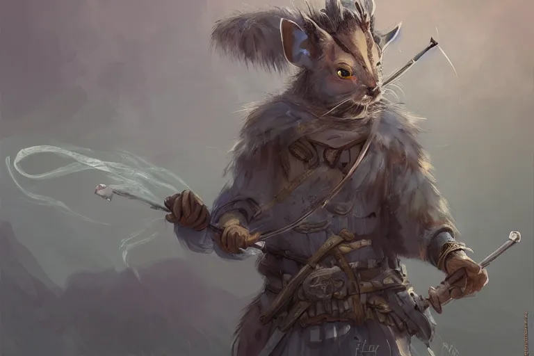 Image similar to dungeons and dragons fantasy painting, portrait of an ashigaru mouse rifleman, whimsical and cute, determined expression, watery eyes, anime inspired by krenz cushart, light grey fur, tufty whiskers, feathered arrows, bamboo forest, dawn lighting, by brian froud jessica rossier and greg rutkowski