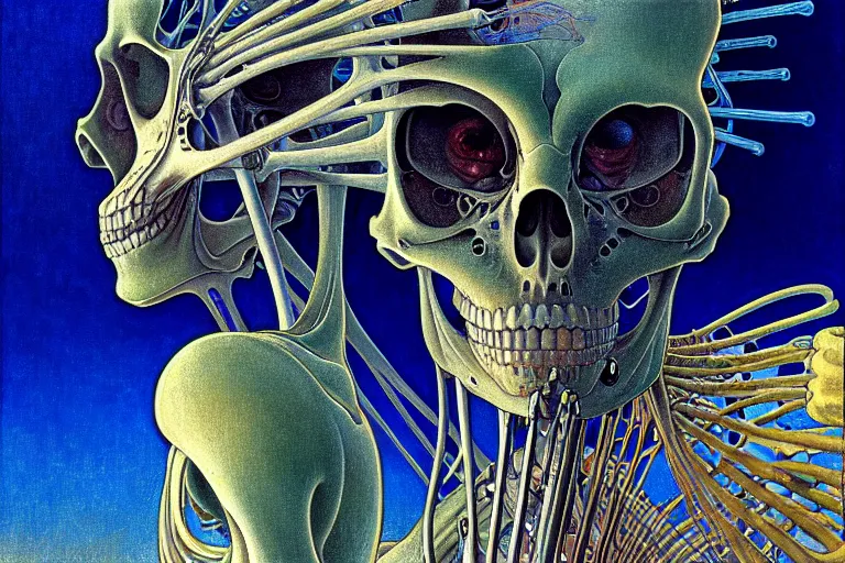 Image similar to realistic detailed closeup portrait painting of a single skeleton in a crowded futuristic street by Jean Delville, Amano, Yves Tanguy, Alphonse Mucha, Ernst Haeckel, Edward Robert Hughes, Roger Dean, rich moody colours, blue eyes