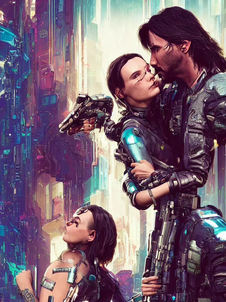 Image similar to a cyberpunk 2077 srcreenshot wedding couple portrait of Keanu Reeves and female android final kiss,love,film lighting,by Laurie Greasley,Lawrence Alma-Tadema,Dan Mumford,John Wick,Speed,Replicas,artstation,deviantart,FAN ART,full of color,Digital painting,face enhance,highly detailed,8K,octane,golden ratio,cinematic lighting