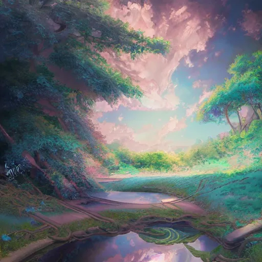 Image similar to advanced anime painting , a lake that leads into another dimension, oil painting, shikamimi, WLOP, RossDraws