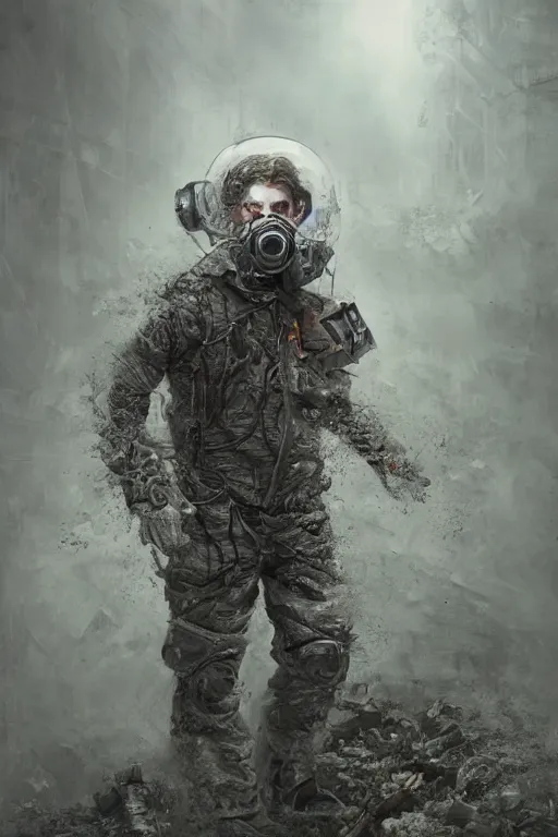Prompt: the portrait of a man in a biohazard suit by mahmoud farshchian, mia brownell, very detailed, maximalism, ambient occlusion, volumetric light, atmospheric haze, hyper realism, realistic shading, cinematic composition, realistic render, photorealistic, wide shot