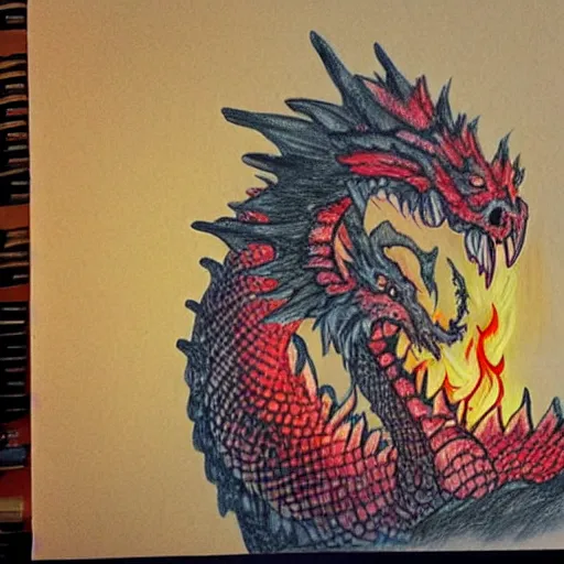 Image similar to firefighters against a fire - breathing dragon, pencil art, fire, colorful