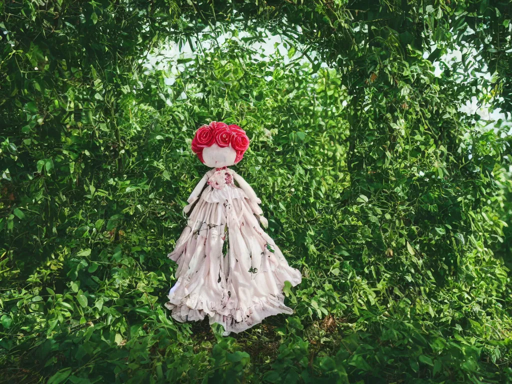 Image similar to cute fumo plush girl wrapped in vines in the middle of a lush rose garden, glowing gothic wraith plantgirl, tattered green dress, blue sky sunshine, bokeh, vray