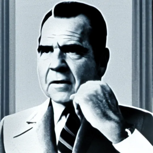 Image similar to a 1 9 7 0 s movie still of richard nixon trapped in a featureless white void room