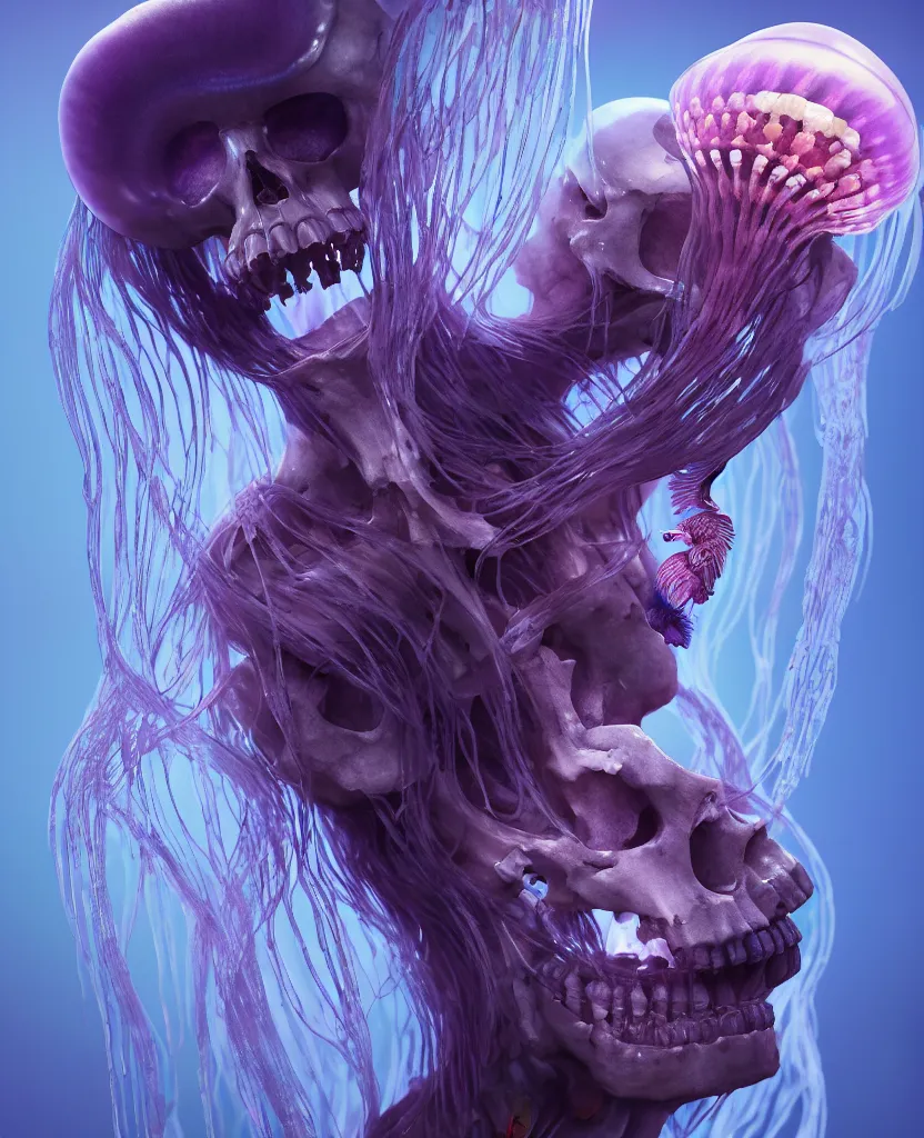 Image similar to goddess close - up portrait human skeleton, ram skull, jellyfish, orchid, betta fish, bioluminiscent, intricate artwork by tooth wu and wlop and beeple. octane render, trending on artstation, greg rutkowski very coherent symmetrical artwork. cinematic, hyper realism, high detail, octane render, 8 k