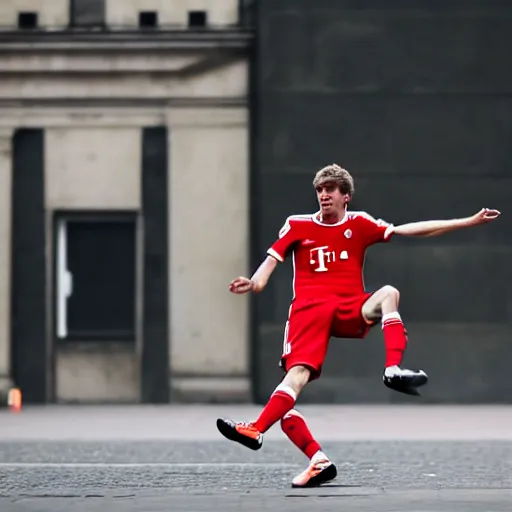 Prompt: 4k photography. thomas muller is a bum in the streets of berlin, kicking a can.