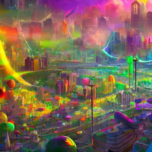 Image similar to a utopian city, filled with extremely colorful fauna, with bubbles floating around everywhere, dynamic lighting, fantasy concept art, trending on art station, stunning visuals, creative, cinematic, ultra detailed