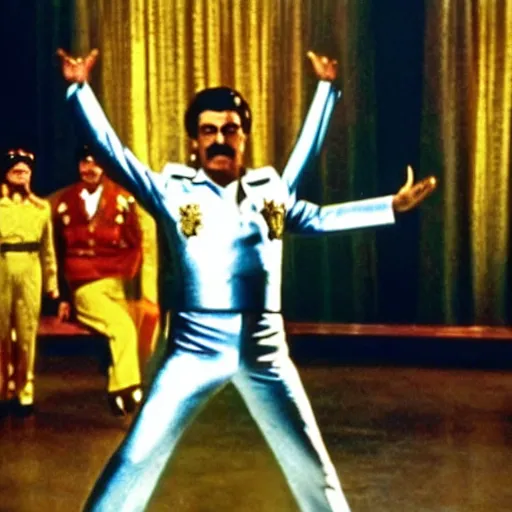 Image similar to A movie still of Stalin wearing a disco suit in Satuday Night Fever