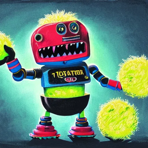 Image similar to a Robot Monster tennis ball Monster, chalk, digital art, fantasy, magic, trending on artstation, ultra detailed, professional illustration by Basil Gogos