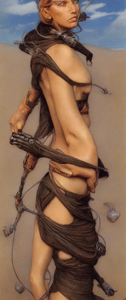 Prompt: beautiful exotic female fremen on dune, by edgar maxence artgerm ross tran and michael whelan and gustav klimpt