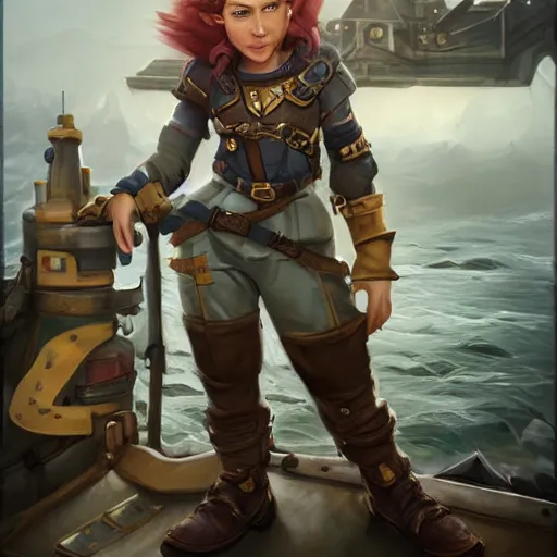 Image similar to scrappy female gnome mechanic with pixie undercut hair and one prosthetic metal gauntlet arm standing on a ship deck, naval background, fantasy, D&D, full body portrait, highly detailed, digital painting, HD, trending on ArtStation, dark fantasy, great composition, concept art, matte, sharp focus, illustration, art by artgerm and greg rutkowski