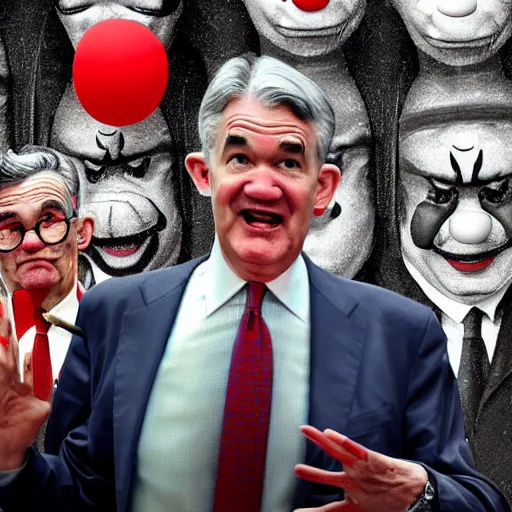 Prompt: Jerome Powell talking with clowns, full body, photo realistic, highly-detailed