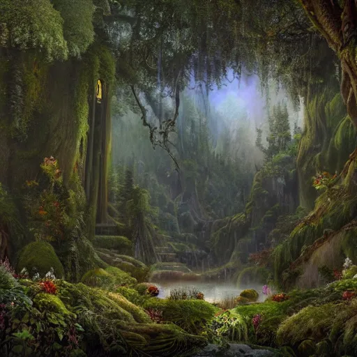 Image similar to a beautiful and highly detailed matte painting of a pergoda from a dream in a fantasy garden in a dark twisted forest deep in the mystical mountains, intricate details, epic scale, insanely complex, 8 k, sharp focus, hyperrealism, very realistic, by caspar friedrich, greg rutowski, james gurney