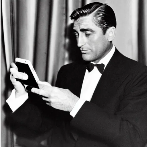 Prompt: photo of Cary Grant looking at his iPhone at the Academy Awards