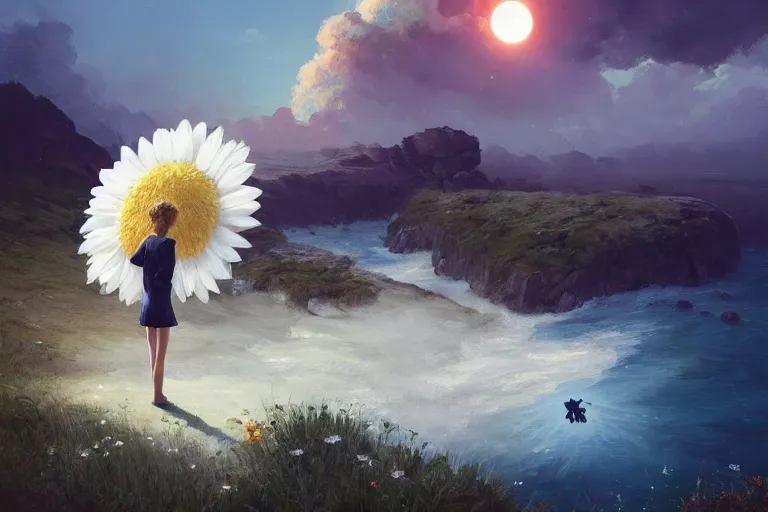 Image similar to giant white daisy flower blooming as a head, girl walking on cliff, surreal photography, solar eclipse, stars, dramatic light, impressionist painting, clouds, digital painting, artstation, james gilleard, liam wong, jeremy mann, simon stalenhag