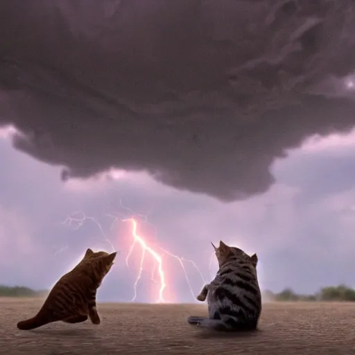 Prompt: film still of jedi cats fighting in a texas thunderstorm, 4 k