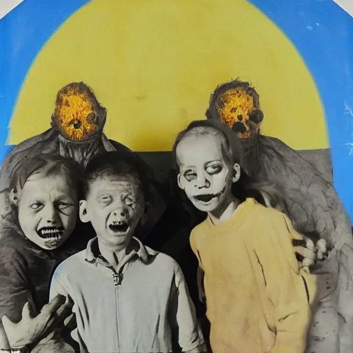 Prompt: selfie of the last surviving ukrainian with children with evil faces, wild pain and damage to the body burns alive to the bone, painted in dirty yellow - blue colors, a huge nuclear explosion is approaching in the background, a very detailed photo