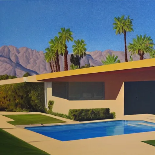 Image similar to an oil painting of a mid century modern house designed by both frank lloyd right and richard sera in palm springs