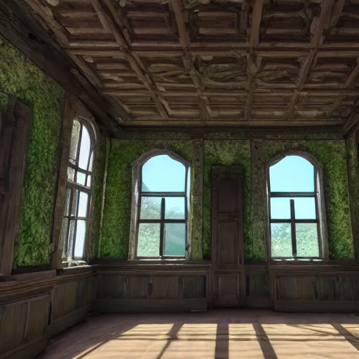 Image similar to inside a victorian dining room roof is damaged and moss is growing on the erroded walls sunlight shines through the windows and produces rays of light in the dust ray traced unreal 5, ultra details