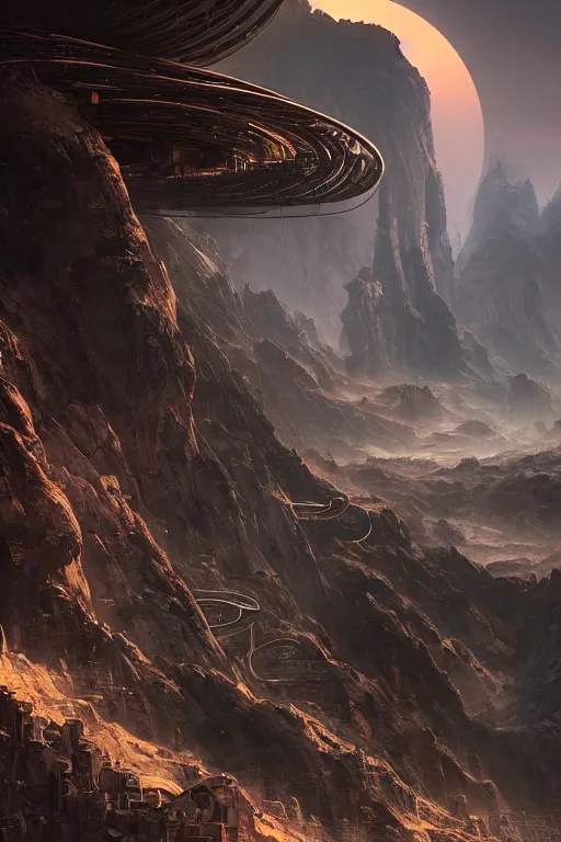 Prompt: a monk looking down at a vast sci - fi dystopian valley landscape at sunrise on an alien planet, ruined alien architecture, cosmic, nebula highly detailed, vivid color, cinematic lighting, perfect composition, 8 k, h. r giger, derek zabrocki, greg rutkowski, sangyeob park, maxfield parrish, octane render