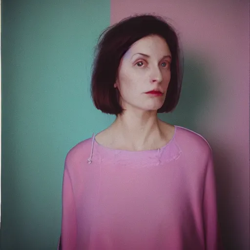 Prompt: portrait photograph of a woman by nina masic. pastel colors. Portra 400 film. Mamiya 7.