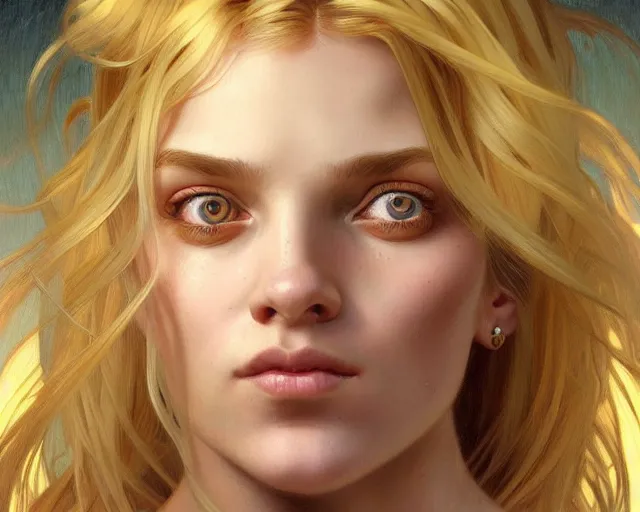 Prompt: portrait of blonde girl with mutiple heads, jump suit, vivid eyes, real life skin, intricate, elegant, highly detailed, artstation, concept art, smooth, sharp focus, art by artgerm and greg rutkowski and alphonse mucha