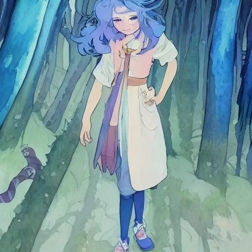 Prompt: a wholesome animation key shot of a blue haired girl with a raccoon tail, studio ghibli, pixar and disney animation, sharp, disney concept art watercolor illustration by mandy jurgens and alphonse mucha and alena aenami, pastel color palette, dramatic lighting