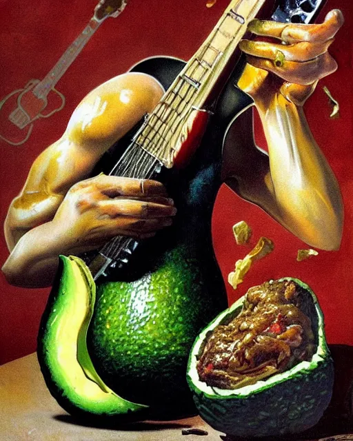 Prompt: Nikocado Avocado ripping a solo on a Gibson Les Paul in front of a mountain of deep fried turkey legs, heavy metal artwork by Frank Frazetta