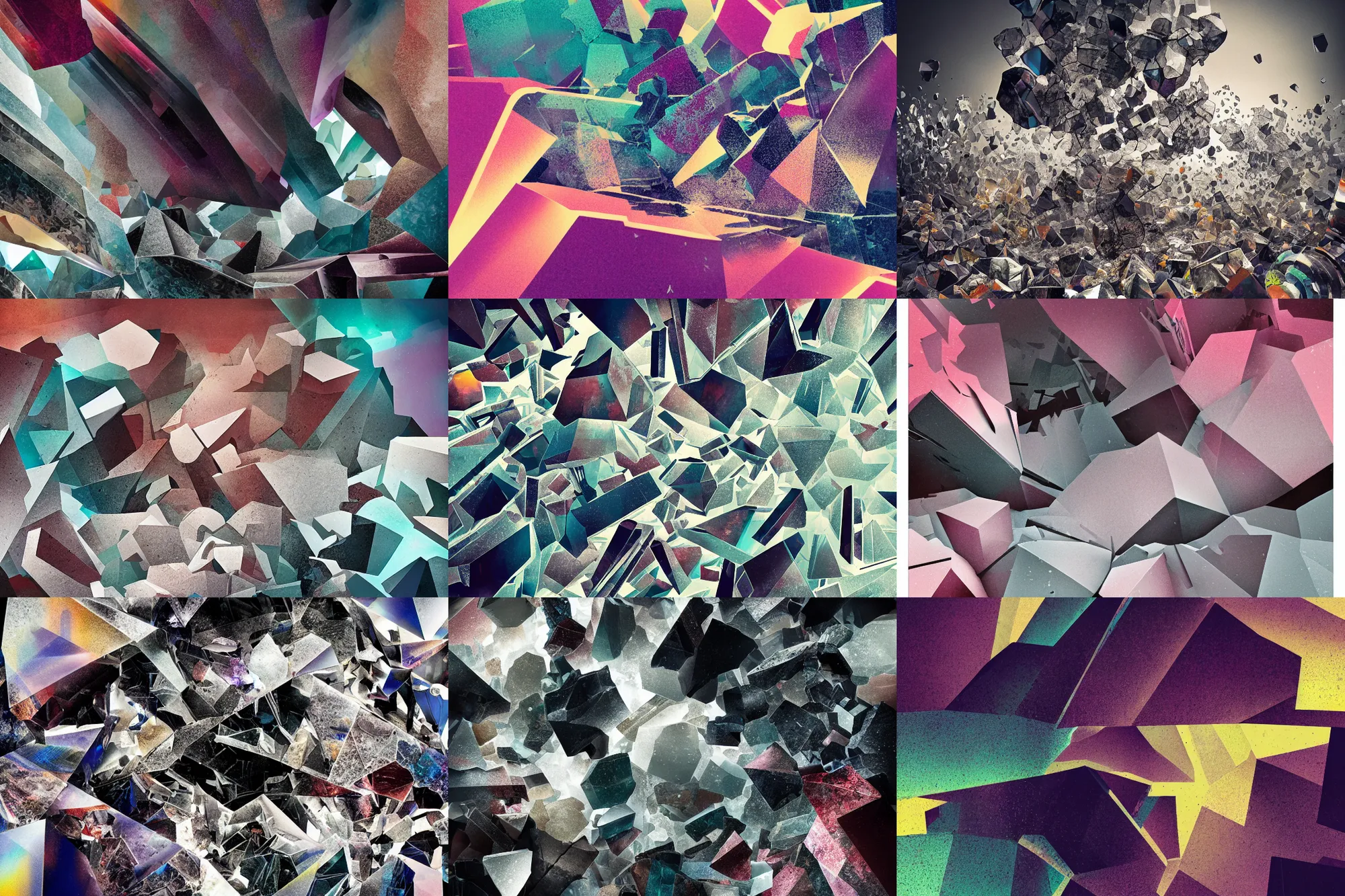Prompt: editorial illustration by karolis strautniekas and mads berg, shattered disintegrating layered crystals, colorful, fine texture, detailed, muted colors, film noir, dramatic lighting, dynamic composition, vivid, matte print, wide angle, ( ( sunbeams ) ), moody, extreme perspective