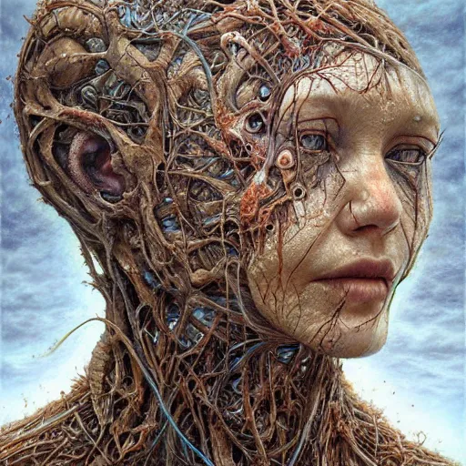 Image similar to Broken god, hyper-realistic oil painting, Body horror, biopunk, by Peter Gric, Marco Mazzoni