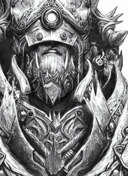 Image similar to close up portrait of arthas the lich king, powerful, domineering, stoic, masterful, intense, ultrafine hyperdetailed illustration by kim jung gi, irakli nadar, intricate linework, sharp focus, octopath traveler, yoji shinkawa, highly rendered, detailed, concept art