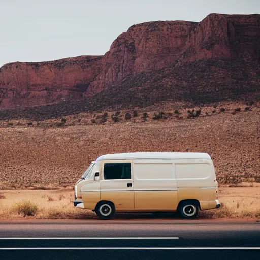 Prompt: a beige old van on a road trip at a distance on an american highway with dry dessert land background, high detail photography 2 5 mm nikon