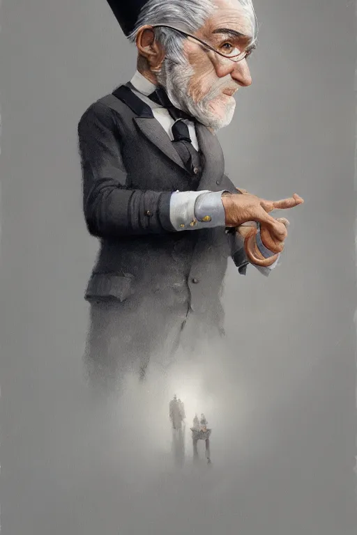 Prompt: a grey hair old halfling with no beard stubble top hat and suit by Greg Rutkowski, painting, portrait, HD, high details, trending on artstation