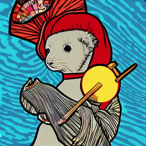 Prompt: baby harp seal sakura sunset illustration, pop art, splash painting, art by geof darrow, ashley wood, alphonse mucha