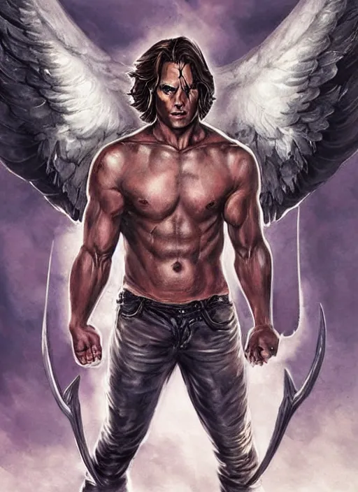 Prompt: front portrait of attractive Sam Winchester as a muscular warrior angel with demon wings wide open, teared apart T-Shirt whole body tattooed with runes and satanic symbols, D&D!, fantasy style, sharp focus!, ultra detailed, art by Artgerm and Peter Andrew Jones, WLUP