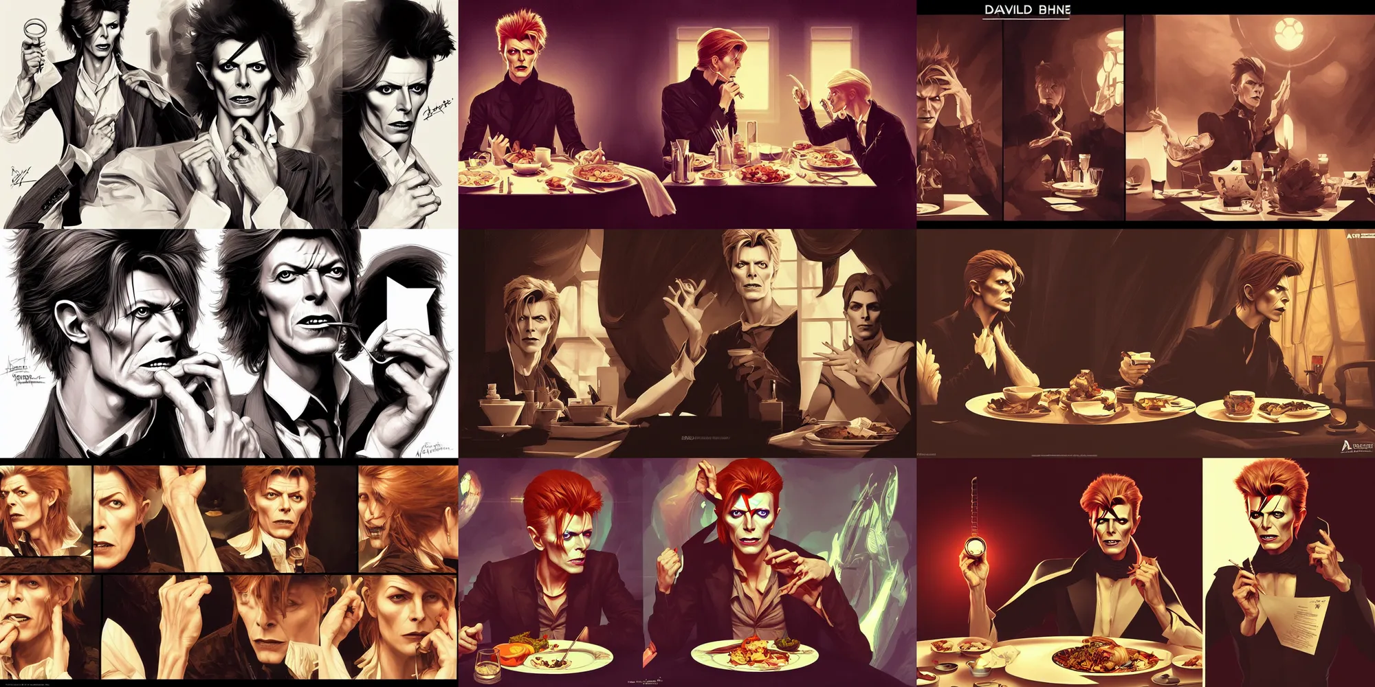 Prompt: david bowie eating dinner, character sheet, character design, contrast, deep focus, turnaround, highly detailed, dramatic lighting, digital painting, artstation, concept art, matte, sharp focus, illustration, elegant, art by artgerm and greg f and alphonse mucha.