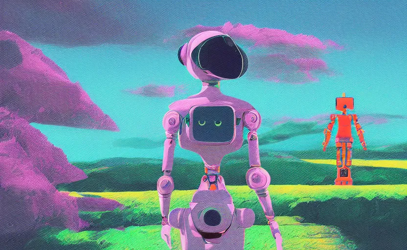 Image similar to it feels like something to be anything. Woman and her robot in a beautiful landscape. Rough strokes and grainy. Interesting colour scheme. Detailed. Beautiful digital art by artist Lurid. (2022)