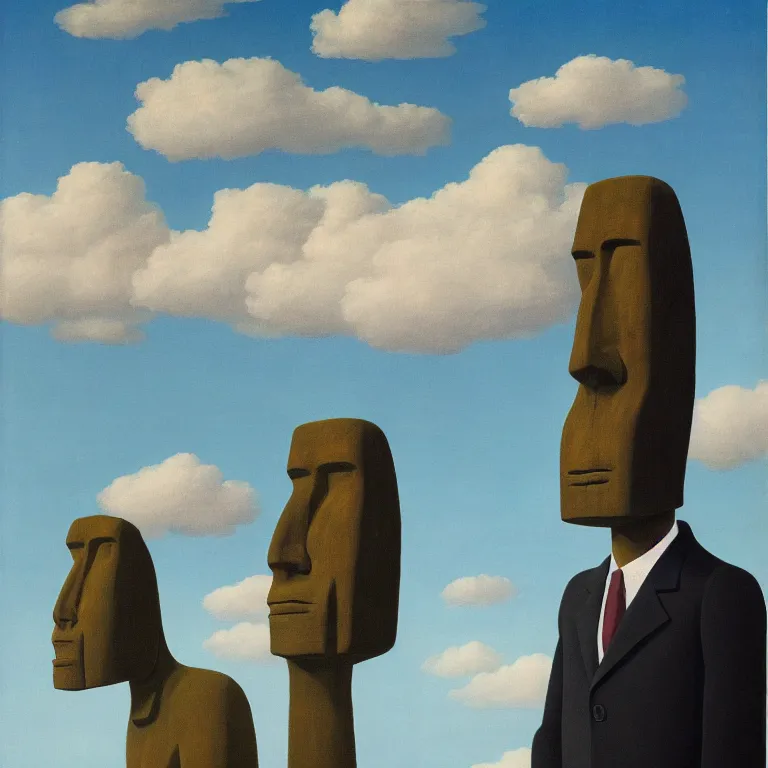 Image similar to portrait of a moai - head man in a suit, clouds in the background, by rene magritte, detailed painting, distance, middle centered, hd, hq, high resolution, high detail, 4 k, 8 k