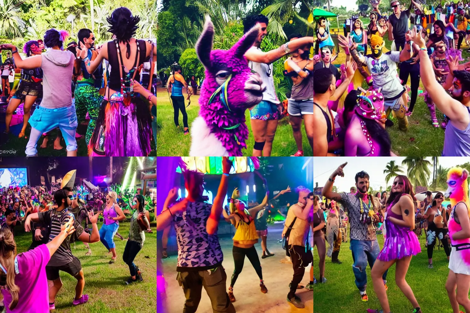 Prompt: people dancing around a fortnite llama. rave. goa. trance