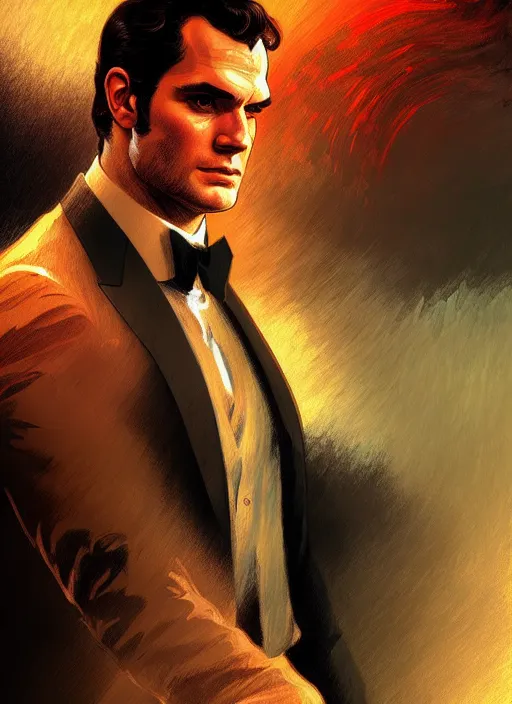 Image similar to portrait of henry cavill as james bond, casino, rain, fire, highly detailed, digital painting, artstation, concept art, cinematic lighting, sharp focus, illustration, by gaston bussiere alphonse mucha