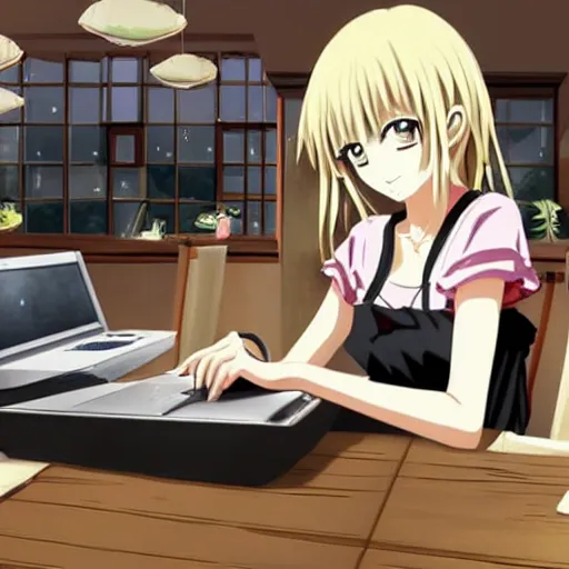 Image similar to marisa kirisame anime art, cafe, typing on laptop