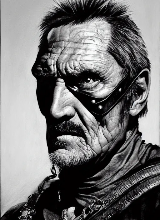 Prompt: portrait of dennis hopper as a scheming warlord character in mad max 2 : the road warrior, film still, detailed realism face in painting, detailed beautiful portrait, oil painting masterpiece, 8 k resolution, smooth, sharp focus, trending on artstation, by rembrandt