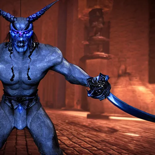 Image similar to demon black blue purple, swords, daggers, unreal engine