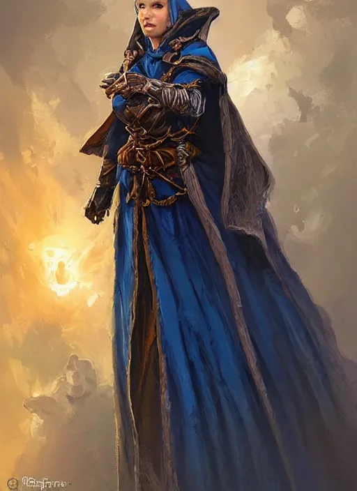 Image similar to dark blue cloak female priest, ultra detailed fantasy, dndbeyond, bright, colourful, realistic, dnd character portrait, full body, pathfinder, pinterest, art by ralph horsley, dnd, rpg, lotr game design fanart by concept art, behance hd, artstation, deviantart, hdr render in unreal engine 5