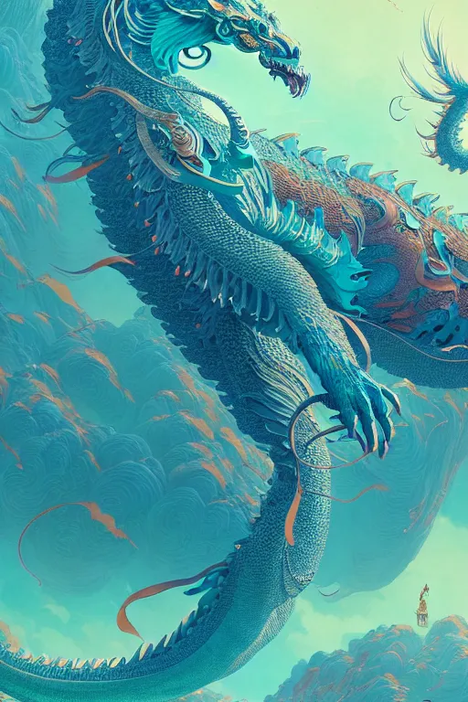 Image similar to a beautiful hyperdetailed design 4 k wallpaper illustration of a huge cyan dragon, victo ngai style, from china, style of studio ghibli, makoto shinkai, raphael lacoste, louis comfort tiffany, denoise, deblurring, artgerm, xision, james jean, ross tran, chinese style