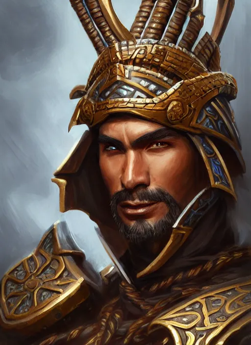 Prompt: smart tai warlord, closeup portrait, smooth - faced, historical hero, ethnic group, tai costume, bronze headdress, intricate, with leather armor cross on bare chest, elegant, loin cloth, highly detailed, oil painting, artstation, concept art, matte, sharp focus, illustration, hearthstone, art by earl norem